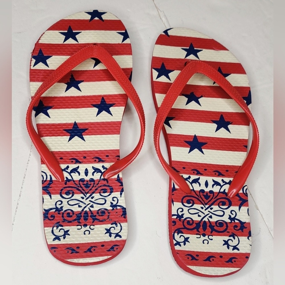 Red White and Blue Patriotic Stars and Stripes Rubber Flip Flops Ladies 8-1/2